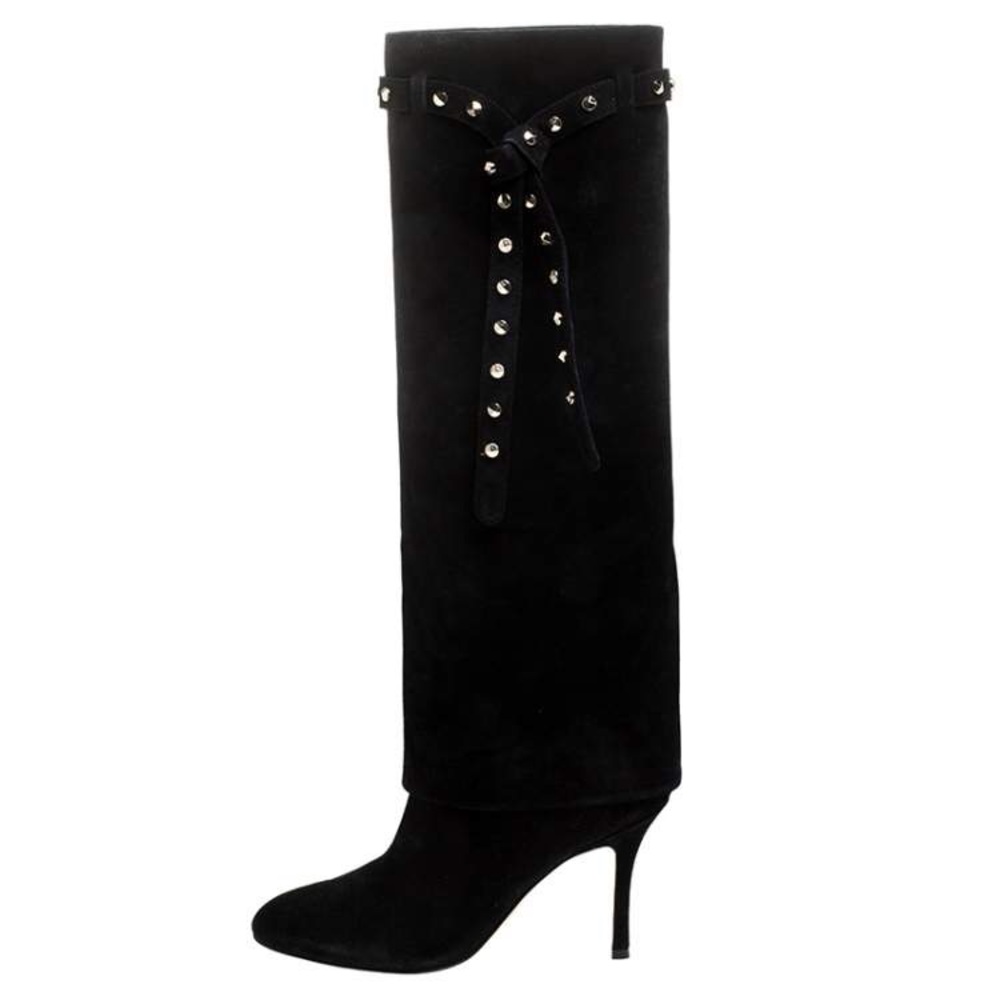 NWOB Valentino Black Suede Rockstud Tie Foldover Knee Length Boots Size 37